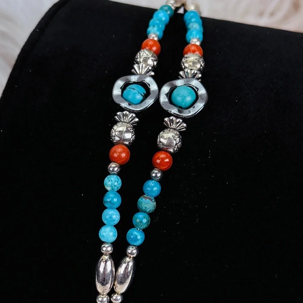 Bohemian southwestern two strand silver tone, handmade costume bracelet